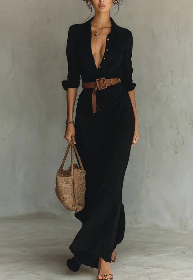 Women's Elegant Belted Irregular Ruffle Long Dress – Slim Waist