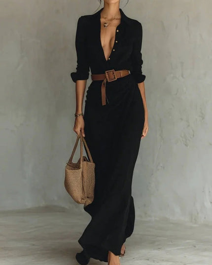 Women's Elegant Belted Irregular Ruffle Long Dress – Slim Waist