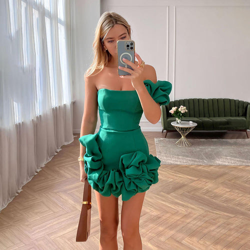 Fashion One-shoulder One-shoulder Dress Sexy Slim Ruffled Flower-bud