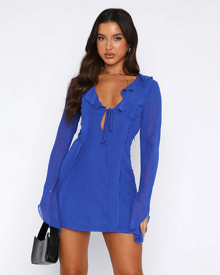 Sexy Ruffled V-neck Lace-up Long-sleeved Dress Fashion Y2K Skirt Slim