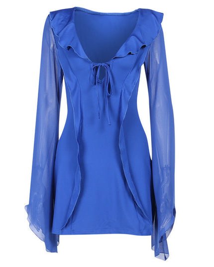 Sexy Ruffled V-neck Lace-up Long-sleeved Dress Fashion Y2K Skirt Slim