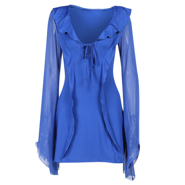 Sexy Ruffled V-neck Lace-up Long-sleeved Dress Fashion Y2K Skirt Slim
