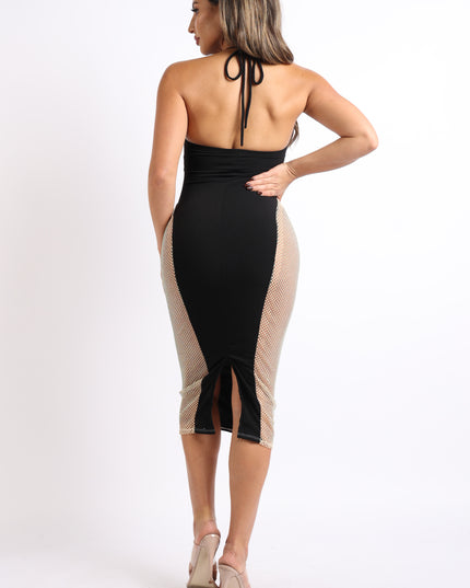 Sexy Cut Out Rhinestone Fishnet Contrast Clubwear Party Dress BLACK