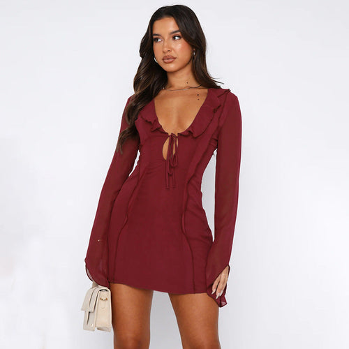 Sexy Ruffled V-neck Lace-up Long-sleeved Dress Fashion Y2K Skirt Slim